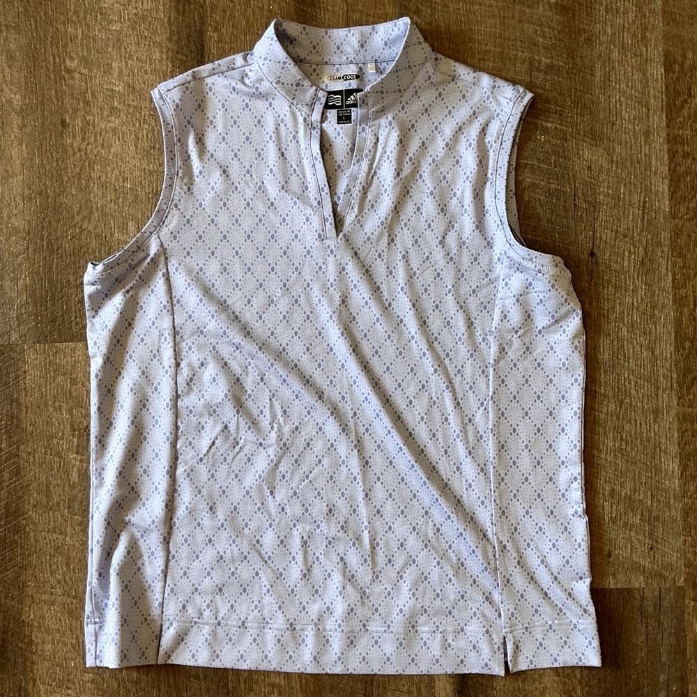 Adidas ClimaCool Sleeveless Golf Polo Shirt Light Blue Geometric Dot Large